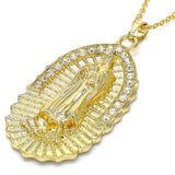 Oro Laminado Religious Pendant, Gold Filled Style Guadalupe Design, with White Crystal, Polished, Golden Finish