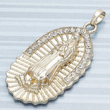 Oro Laminado Religious Pendant, Gold Filled Style Guadalupe Design, with White Crystal, Polished, Golden Finish