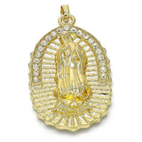 Oro Laminado Religious Pendant, Gold Filled Style Guadalupe Design, with White Crystal, Polished, Golden Finish