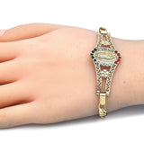 Oro Laminado Fancy Bracelet, Gold Filled Style Guadalupe and Flower Design, with Multicolor Crystal, Polished, Golden Finish