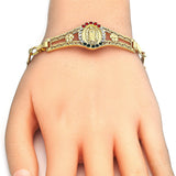 Oro Laminado Fancy Bracelet, Gold Filled Style Guadalupe and Flower Design, with Multicolor Crystal, Polished, Golden Finish