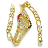 Oro Laminado Fancy Bracelet, Gold Filled Style Guadalupe and Flower Design, with Multicolor Crystal, Polished, Golden Finish