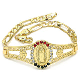 Oro Laminado Fancy Bracelet, Gold Filled Style Guadalupe and Flower Design, with Multicolor Crystal, Polished, Golden Finish