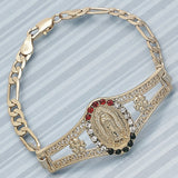 Oro Laminado Fancy Bracelet, Gold Filled Style Guadalupe and Flower Design, with Multicolor Crystal, Polished, Golden Finish