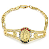 Oro Laminado Fancy Bracelet, Gold Filled Style Guadalupe and Flower Design, with Multicolor Crystal, Polished, Golden Finish