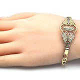 Oro Laminado Fancy Bracelet, Gold Filled Style Guadalupe and Butterfly Design, with White Crystal, Polished, Golden Finish