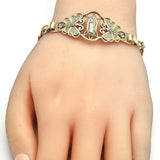 Oro Laminado Fancy Bracelet, Gold Filled Style Guadalupe and Butterfly Design, with White Crystal, Polished, Golden Finish