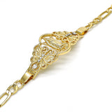 Oro Laminado Fancy Bracelet, Gold Filled Style Guadalupe and Butterfly Design, with White Crystal, Polished, Golden Finish