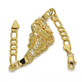 Oro Laminado Fancy Bracelet, Gold Filled Style Guadalupe and Butterfly Design, with White Crystal, Polished, Golden Finish