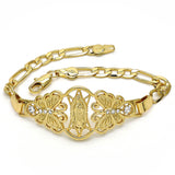 Oro Laminado Fancy Bracelet, Gold Filled Style Guadalupe and Butterfly Design, with White Crystal, Polished, Golden Finish