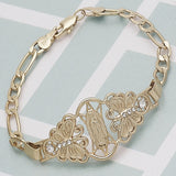 Oro Laminado Fancy Bracelet, Gold Filled Style Guadalupe and Butterfly Design, with White Crystal, Polished, Golden Finish