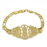 Oro Laminado Fancy Bracelet, Gold Filled Style Guadalupe and Butterfly Design, with White Crystal, Polished, Golden Finish
