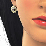 Oro Laminado Stud Earring, Gold Filled Style Flower Design, with White Cubic Zirconia, Polished, Golden Finish