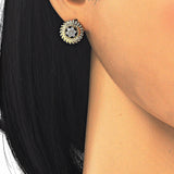 Oro Laminado Stud Earring, Gold Filled Style Flower Design, with White Cubic Zirconia, Polished, Golden Finish