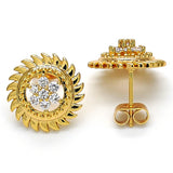 Oro Laminado Stud Earring, Gold Filled Style Flower Design, with White Cubic Zirconia, Polished, Golden Finish