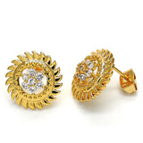 Oro Laminado Stud Earring, Gold Filled Style Flower Design, with White Cubic Zirconia, Polished, Golden Finish