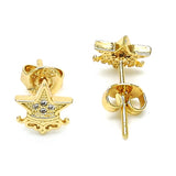 Oro Laminado Stud Earring, Gold Filled Style Star and Crown Design, with White Micro Pave, Polished, Golden Finish