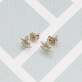 Oro Laminado Stud Earring, Gold Filled Style Star and Crown Design, with White Micro Pave, Polished, Golden Finish