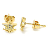 Oro Laminado Stud Earring, Gold Filled Style Star and Crown Design, with White Micro Pave, Polished, Golden Finish