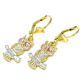 Oro Laminado Dangle Earring, Gold Filled Style Owl Design, Polished, Tricolor