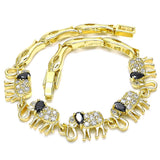 Oro Laminado Fancy Bracelet, Gold Filled Style Elephant and Fish Design, with Black and White Cubic Zirconia, Polished, Golden Finish