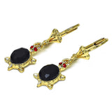Oro Laminado Dangle Earring, Gold Filled Style Turtle Design, with Black Cubic Zirconia and Garnet Crystal, Polished, Golden Finish