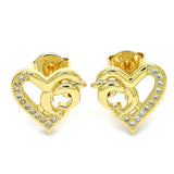 Oro Laminado Stud Earring, Gold Filled Style Heart and Dolphin Design, with White Micro Pave, Polished, Golden Finish