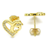 Oro Laminado Stud Earring, Gold Filled Style Heart and Dolphin Design, with White Micro Pave, Polished, Golden Finish