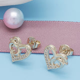 Oro Laminado Stud Earring, Gold Filled Style Heart and Dolphin Design, with White Micro Pave, Polished, Golden Finish