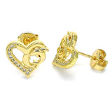 Oro Laminado Stud Earring, Gold Filled Style Heart and Dolphin Design, with White Micro Pave, Polished, Golden Finish