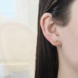 Oro Laminado Stud Earring, Gold Filled Style Heart Design, with White Micro Pave, Polished, Golden Finish