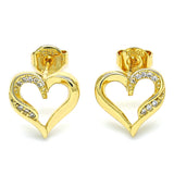 Oro Laminado Stud Earring, Gold Filled Style Heart Design, with White Micro Pave, Polished, Golden Finish