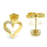 Oro Laminado Stud Earring, Gold Filled Style Heart Design, with White Micro Pave, Polished, Golden Finish