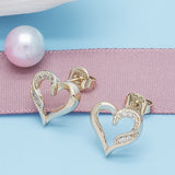 Oro Laminado Stud Earring, Gold Filled Style Heart Design, with White Micro Pave, Polished, Golden Finish