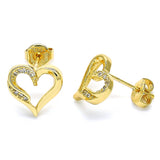 Oro Laminado Stud Earring, Gold Filled Style Heart Design, with White Micro Pave, Polished, Golden Finish