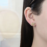 Oro Laminado Stud Earring, Gold Filled Style Butterfly Design, with White Micro Pave, Polished, Golden Finish