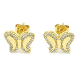 Oro Laminado Stud Earring, Gold Filled Style Butterfly Design, with White Micro Pave, Polished, Golden Finish