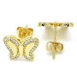 Oro Laminado Stud Earring, Gold Filled Style Butterfly Design, with White Micro Pave, Polished, Golden Finish