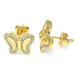 Oro Laminado Stud Earring, Gold Filled Style Butterfly Design, with White Micro Pave, Polished, Golden Finish