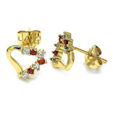 Oro Laminado Stud Earring, Gold Filled Style Heart Design, with Garnet and White Cubic Zirconia, Polished, Golden Finish