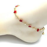 Oro Laminado Fancy Anklet, Gold Filled Style Flower Design, Red Enamel Finish, Golden Finish