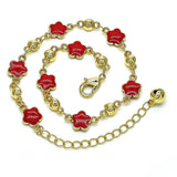 Oro Laminado Fancy Anklet, Gold Filled Style Flower Design, Red Enamel Finish, Golden Finish