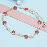 Oro Laminado Fancy Anklet, Gold Filled Style Flower Design, Red Enamel Finish, Golden Finish