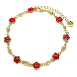 Oro Laminado Fancy Anklet, Gold Filled Style Flower Design, Red Enamel Finish, Golden Finish