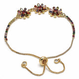 Oro Laminado Adjustable Bolo Bracelet, Gold Filled Style Flower and Baguette Design, with Multicolor Cubic Zirconia, Polished, Golden Finish