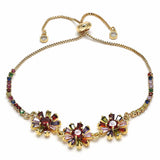 Oro Laminado Adjustable Bolo Bracelet, Gold Filled Style Flower and Baguette Design, with Multicolor Cubic Zirconia, Polished, Golden Finish
