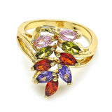 Oro Laminado Multi Stone Ring, Gold Filled Style Leaf Design, with Multicolor Cubic Zirconia, Polished, Golden Finish