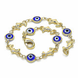 Oro Laminado Fancy Bracelet, Gold Filled Style Evil Eye and Dolphin Design, Blue Resin Finish, Golden Finish