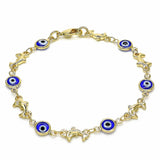 Oro Laminado Fancy Bracelet, Gold Filled Style Evil Eye and Dolphin Design, Blue Resin Finish, Golden Finish
