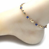 Oro Laminado Fancy Anklet, Gold Filled Style Evil Eye and Dolphin Design, Blue Resin Finish, Golden Finish